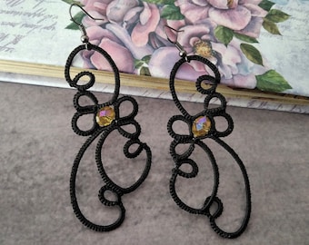 Gothic Sparkle black tatting earrings,  Dangle earrings,  Boho tatted earrings, Vintage Chandelier lace earrings, Lightweight earrings