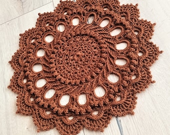 Textured Fall Doily 3D, Centrepiece Brown Crocheted Doily 13 inch, Handmade Round Table vintage Decoration Lace Doily, Housewarming Gift