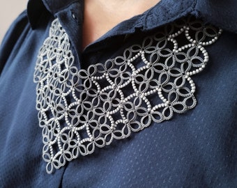 Grey Tatting lace collar, Delicate tatted necklace, Tatting Lace Collar Chic, Dainty wide, Victorian Choker Neckwear, Classic fall accessory