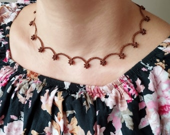 Brown fall tatted necklace, Delicate white tatting necklace, violet Dainty lace Choker, Beaded Choker Neckwear, Versatile Autumnal necklace