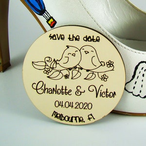 Lover Bird Save The Date Magnet, Invitation de mariage au design unique moderne, MDF rustique personnalisé gravé au laser meilleur price_M019