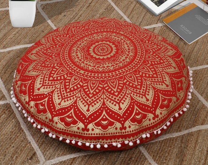 Red Ombre Mandala Large Floor Cushion Cover with Pom Pom Meditation Bohemian Seating Pillow Case Dorm Decor Ethnic Pet Bedding Pouffe Case