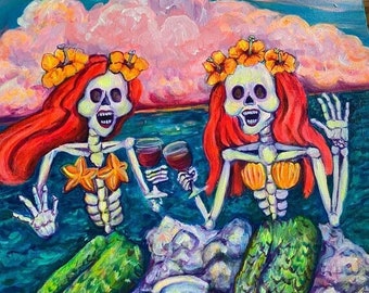 Skeleton Mermaids Acrylic Painting Large Wall Art