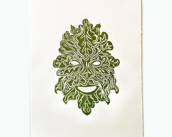 Green Man Oak King Linocut Print Pagan Wall Art