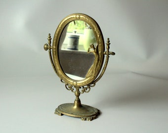 Magnifique miroir de maquillage italien des années 1960, verre en laiton, miroir de table, vintage, milieu du siècle, miroir de maquillage en laiton de table de vanité