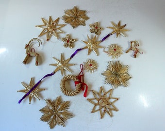 16 vintage straw stars with decorations, handmade, mid century, straw Christmas ornaments - set of 16