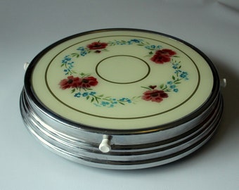 Rotating cake plate round on base, metal, plastic, glass, cake plate, vintage, mid century, rotating cake plate