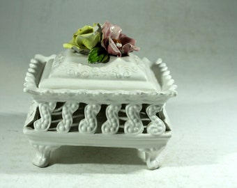 Italian ceramic lidded jewelry box, bathroom decoration white with roses, country house decoration, vintage, mid century