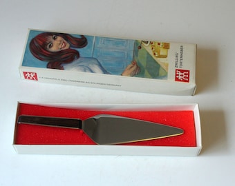 Vintage cake lifter stainless steel teak from the 1970s, cake lifter with original cardboard, stainless steel and teak cake server in original box