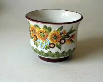 Handmade ceramic flower pot with relief, made in Italy, marked, vintage, mid century, ceramic planter