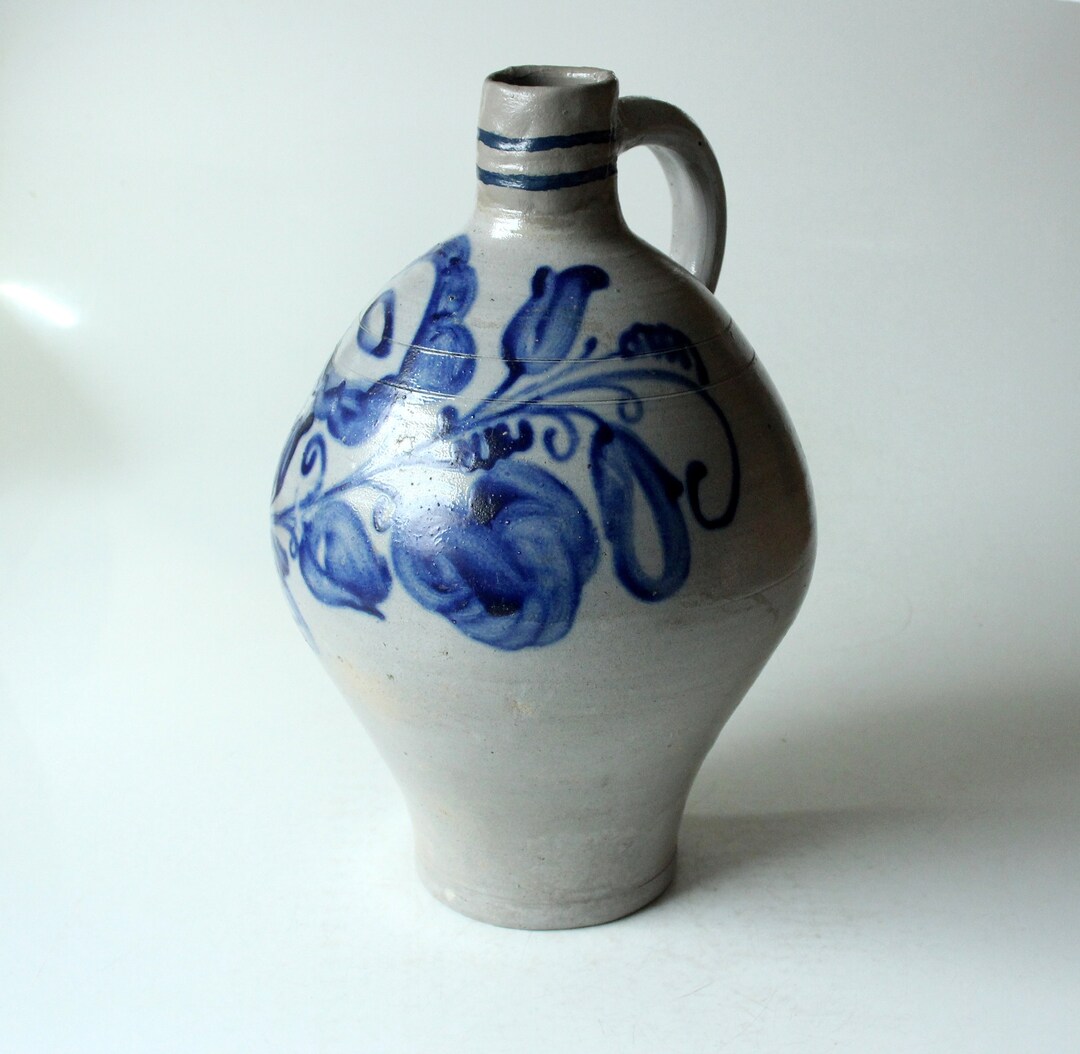 Large Wine Jug Garden Decoration Bembel Jug Stoneware With Cobalt Blue