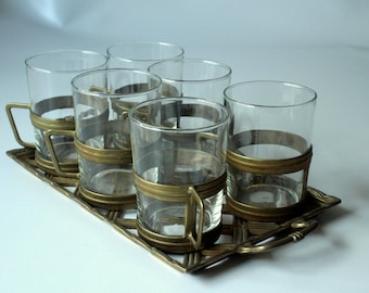Great set of 6 teacups brass glass on a brass tray Vintage Mid Century - Grog glasses from the 1970s