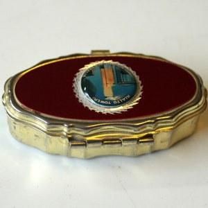 Rare pill box with Rialto Towers Melbourne Australia souvenir jewelry storage - sweetener tin - metal plastic, vintage