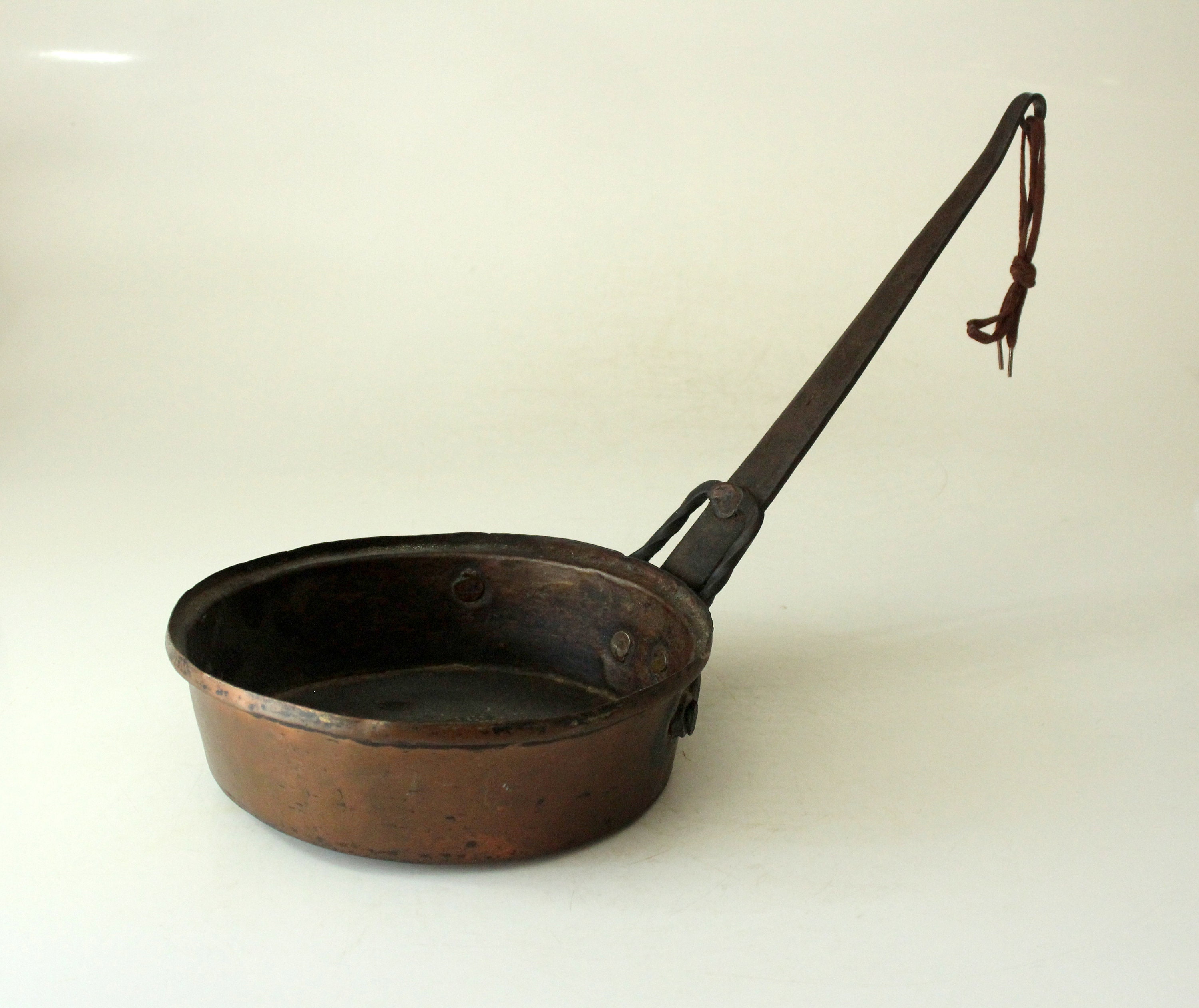 LARGE vintage handmade thick copper wrought iron handle lidded