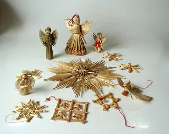 Straw angels and straw stars vintage with decorations, handmade, mid century, handmade straw Christmas ornaments - set of 12