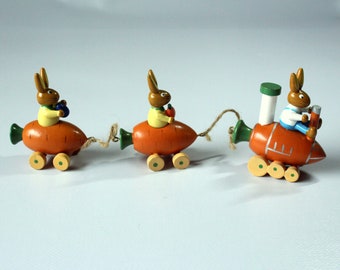 Vintage handmade cute Easter bunny train - Easter bush pendant wood - handmade wooden easter ornaments - set of 3, Easter decorations