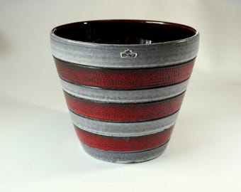 Fat Lava-style Großer Keramik Blumentopf, Übertopf in grau/rot, Vintage, mid century, ceramic planter