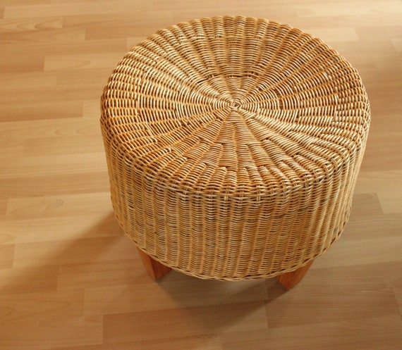 Vintage Ottoman Round Rattan Bamboo Stool Footstool Mid Vintage Ottoman Round Rattan Bamboo, Wicker Footstool Round