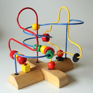 Toy labyrinth wood metal motor skills loop toddlers, vintage from the 1980s, wood and metal toy for babies and toddlers