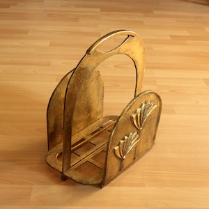 Solid brass magazine rack Brutalist Art with floral motifs, Vintage, Mid Century Modern, magazine holder, brass magazine rack