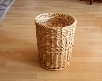 Cesta resistente para paraguas - Cesta de mimbre maciza vintage hecha a mano de mediados de siglo - Hermosa papelera grande - Cesta de mimbre