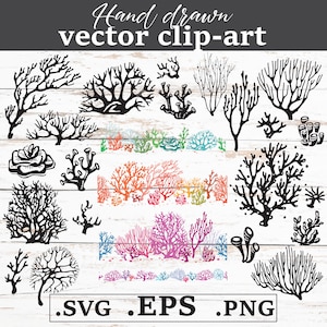 May include: A set of black and white hand-drawn vector clip art illustrations of coral. The illustrations include various shapes and sizes of coral, as well as a few small sea creatures. The text .SVG .EPS .PNG is at the bottom of the image.