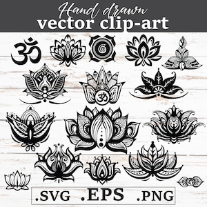 Lotus Clipart Bundle SVG PNG EPS, Lotus Flower Silhouette, Mandala Lotus, Boho Yoga Clipart, Tattoo Stencil, Lotus Digital Download