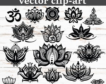 Lotus Clipart Bundle SVG PNG EPS, Lotus Flower Silhouette, Mandala Lotus, Boho Yoga Clipart, Tattoo Stencil, Lotus Digital Download