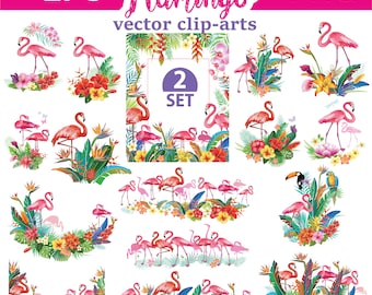 Flamingo clipartset, tropische flamingo frames en bloemen, EPS, PNG SVG, exotische dieren in het wild decor