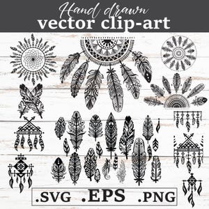 Dreamcatcher and Tribal Feathers Clipart Bundle SVG PNG EPS | Boho Style Digital Files