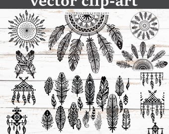 Drömfångare och tribalfjädrar Clipart-paket SVG PNG EPS | Digitala filer i bohemisk stil
