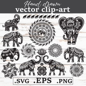 Ensemble de cliparts éléphant SVG PNG EPS | Motifs couleur et noir et blanc | Mandala |  Fichiers numériques de style bohème ethnique