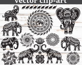 Elephant Clipart Bundle SVG PNG EPS | Color and Black & White Designs | Mandala |  Ethnic Boho Style Digital Files
