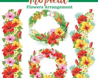 Coronas y lei de hibisco tropical, flores hawaianas, arreglos florales de verano, conjunto de vectores y PNG, decoración tropical, descarga digital
