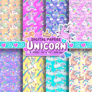 UNICORN MAGIC Digital Papers, UNICORN Clipart, Seamless Pattern, High Quality JPEGs, Instant Download,