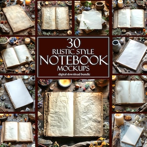 May include: 30 Rustic Style Notebook Mockups - A digital download bundle featuring various rustic style notebooks with blank pages, surrounded by natural elements like dried flowers, herbs, and candles.