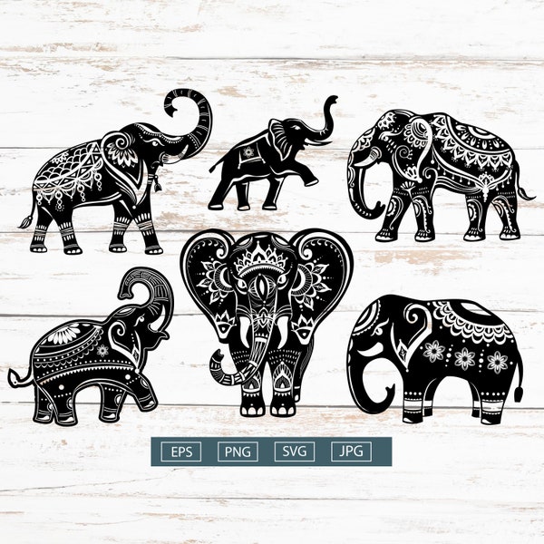 Elephants Clipart set, SVG, PNG, EPS, Mandalas Elephant, ethnic boho style