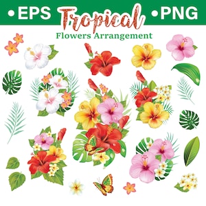 Puede incluir: Una ilustraci&oacute;n digital de un arreglo de flores tropicales con flores de hibisco rosas, rojas, amarillas y blancas, hojas verdes y mariposas. El texto "Tropical Flowers Arrangement" est&aacute; en la parte superior de la imagen.