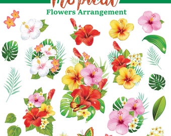 Tropical Flowers Vector Clipart – Exotic Floral Bouquets Leaves Set, Jungle Botanicals for Sublimation  Design