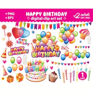 Joyeux anniversaire clipart numérique, décoration de fête, PNG, EPS