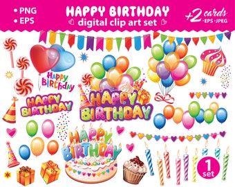 Happy birthday digital clipart, party décor,  PNG, EPS