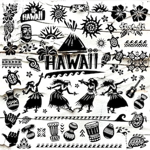 May include: Black and white illustration of Hawaiian themed elements, including a volcano, hula dancers, flowers, seashells, and the word "Hawaii".