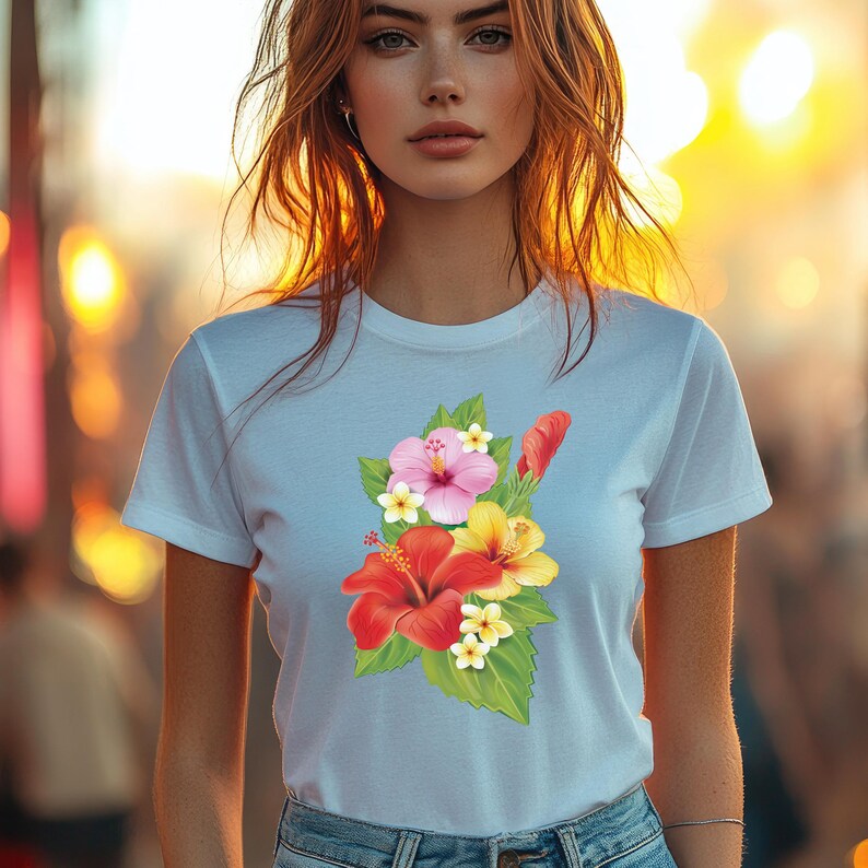 Puede incluir: Una camiseta blanca con un estampado floral colorido con flores de hibisco en tonos rojos, rosas, amarillos y blancos. Las flores est&aacute;n dispuestas en un racimo y tienen hojas verdes.