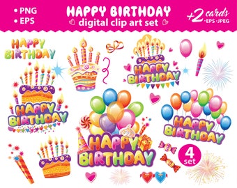 Happy birthday digital clipart, party décor, Happy birthday PNG, EPS