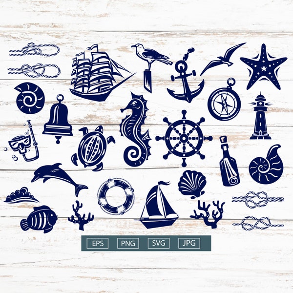 Nautical Clipart set, silhouette, stencil,  Nautical and Sea symbols SVG, PNG, EPS, Digital Download