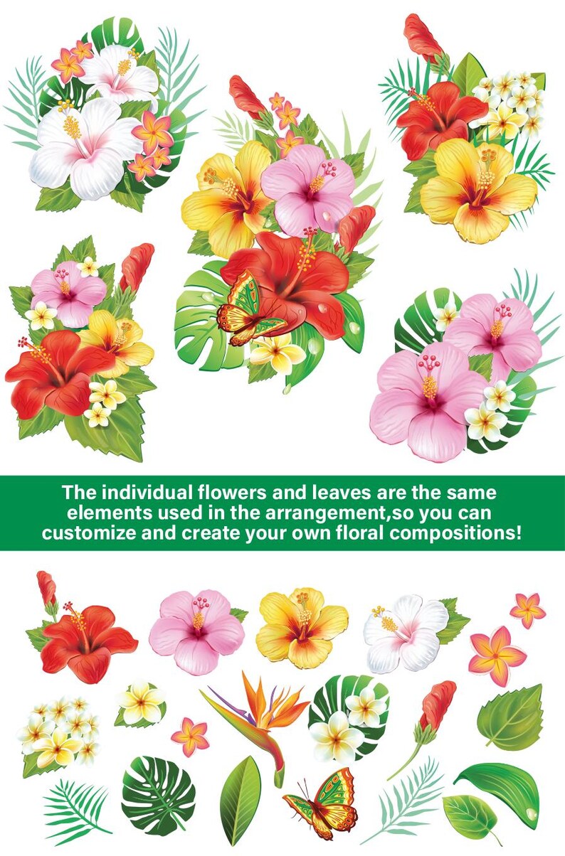 Puede incluir: Una colecci&oacute;n de flores y hojas tropicales, incluyendo hibisco, plumeria y hojas de monstera. Las flores son de varios colores, incluyendo rojo, rosa, amarillo y blanco. Las hojas son verdes y tienen un acabado brillante.