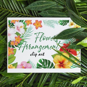 Puede incluir: Una tarjeta blanca con un dise&ntilde;o de arreglo floral tropical. La tarjeta tiene el texto "Flowers Arrangement clip art".
