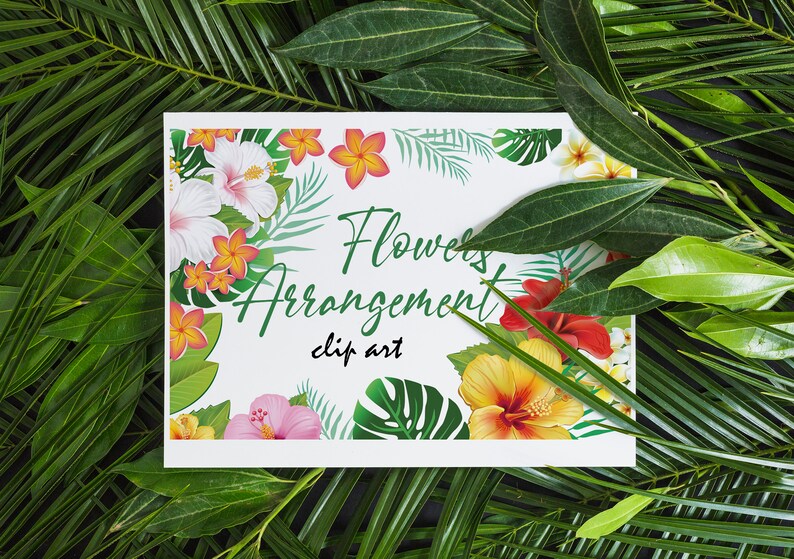 Puede incluir: Una tarjeta blanca con un dise&ntilde;o de arreglo floral tropical. La tarjeta tiene el texto "Flowers Arrangement clip art".