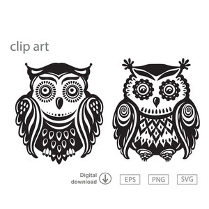 May include: Two black and white stylised owl illustrations with intricate patterns. The owls have large eyes and are facing forward. The owls are set against a white background.