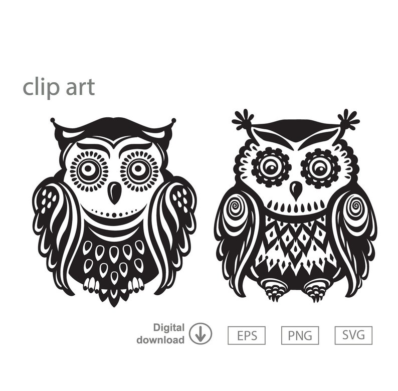 May include: Two black and white stylised owl illustrations with intricate patterns. The owls have large eyes and are facing forward. The owls are set against a white background.